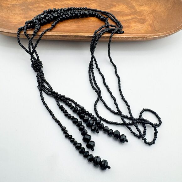 Vintage Black Beaded Layered Necklace Tassel Lariat Monochromatic Retro - Picture 7 of 11